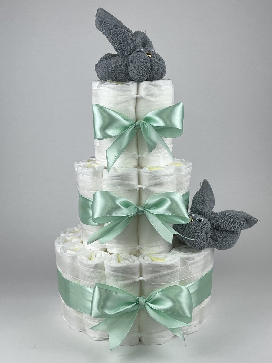 Goedkoopste Chouette-Chouette | Luiertaart Neutraal | Kraamcadeau | Geboorte Jongen Meisje | Babyshower | Konijnen Grey-Blue - Groen