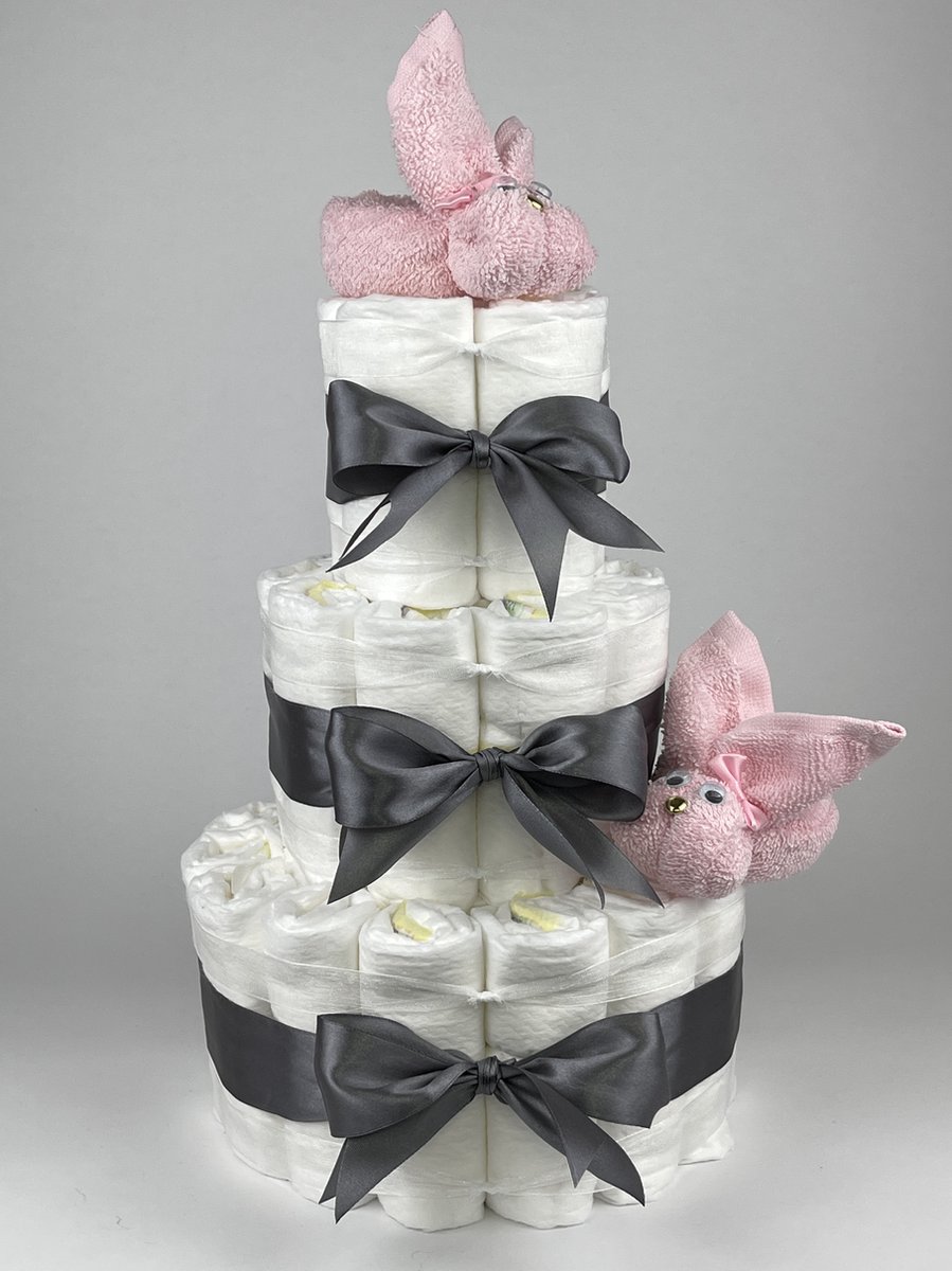 Goedkoopste Chouette-Chouette | Luiertaart Meisje | Kraamcadeau | Geboorte Meisje | Babyshower | Konijnen Roze - donker Grijs
