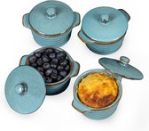 Mini Stoneware Cocottes, 230 ml Ramekins, Souffle Cases met deksel, Set van 4 kleine ovenschaaltjes, Creme Brulee kommen, Reactieve Blauw.