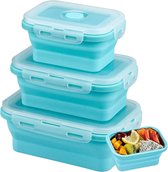 Opvouwbare voedselopbergdozen, set van 3 siliconen lunchboxen, herbruikbare containers, blauwe lunchbox, rechthoekige opbergcontainers voor magnetrons, koelkasten, 350/500/800 ml.