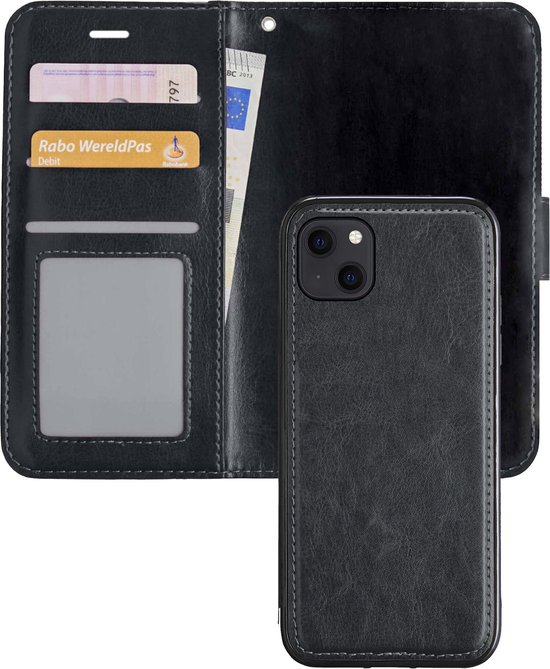 Étui portefeuille noir avec support de téléphone, porte-cartes et espace pour billets.