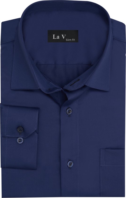 La V heren overhemd slim fit met strijkvrij Donkerblauw XL