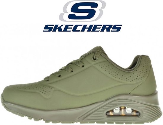 Groene Skechers Uno sneaker met vetersluiting en zichtbare air unit in de zool.