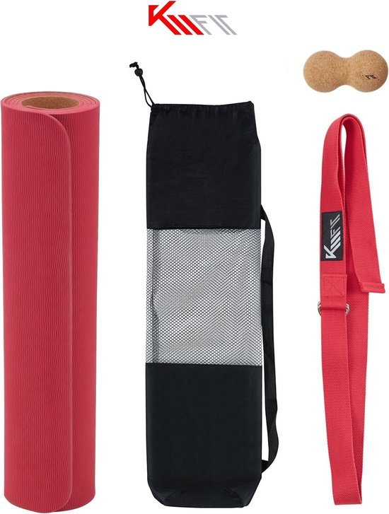 KM-Fit Yoga mat - Fitness mat - Sport mat - extra dik - anti slip - gemaakt van natuurrubber, TPE en katoen - Incl. yogariem & fascia duoball - Roze van KM-Fit — afbeelding 3
