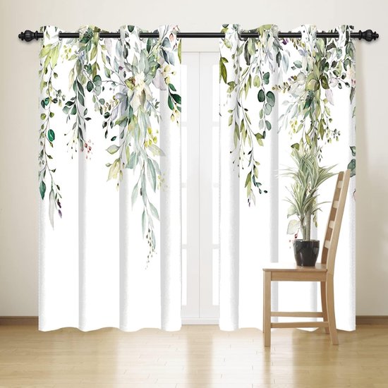 Aquarel Botanische Blauwe Eucalyptus Blad Print Kamer Verduisterende Gordijnen Moderne Chique Thermisch Geïsoleerde Gordijnen voor Slaapkamer Set van 2 Panelen 55 B x 102H Gouden Bladeren Decor