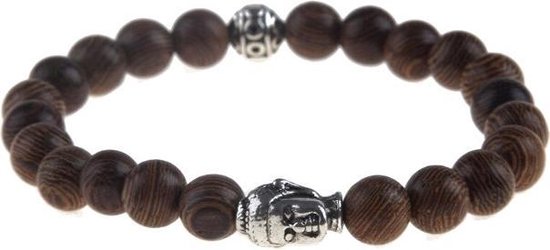 Fako Bijoux® - Buddha Armband - Hout - Bal - Zilverkleurig