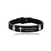 Christuals - Christelijke armband - Unisex - Zwart- Love never fails - 1 Corinthiers 13 : 8