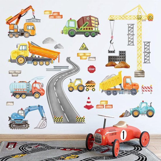 Bouw Voertuigen Muurstickers Tractor Graafmachine Kraan Aquarel Peel en