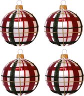 Sfeervolle Witte Kerstballen met Klassieke Rode en Donkergroene Ruit - set van 4 glazen kerstballen van 8 cm