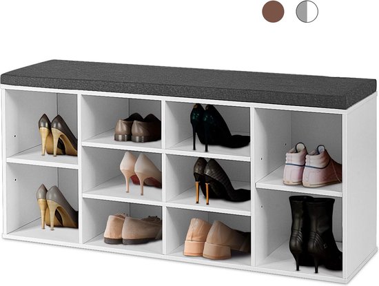 Schoenenkast met zitkussen, schoenenrek met 10 legvlakken, schoenenrek met flexibele inlegplaten, kast voor woonkamer, slaapkamer en hal, kleurkeuze (wit)