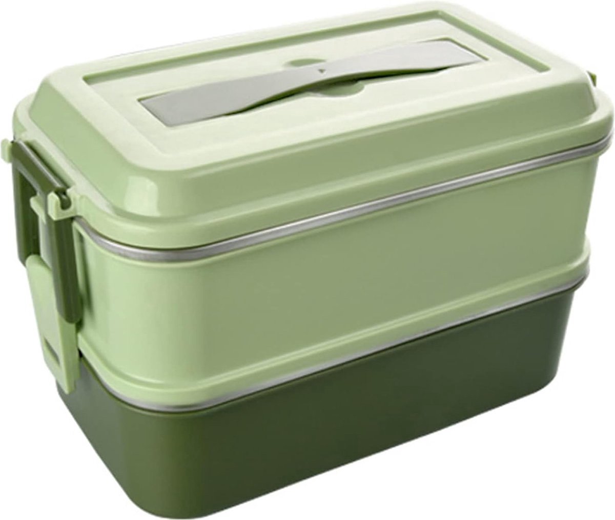 Boîte Bento Adulte Enfant 1400ml - 2 étages Anti-fuite, Compartiments, Avec Couverts, Couleur Kaki