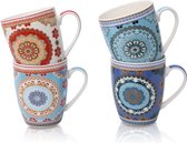 koffiemokken set van 4 Oosters design - grote Marokkaanse keramische koffiebeker ca. 300 ml - hoogwaardige boho thee-kopjes - koffiekopjes set - cadeau vrouwen (design 4 cirkels)