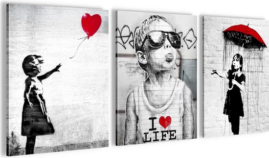 Schilderijen Set - KLAAR OM OP TE HANGEN - Banksy Collage - Woonkamerkantoor - Street Style - N003135a