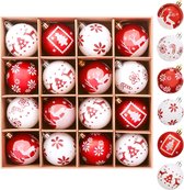 Kerstballen, kunststof, 16 stuks, 6 cm, kerstboomversiering met hanger en sleutelhanger, kerstboomballen, kerstboomdecoratie, Kerstmis, witte kerstballen, rood (upgrade)