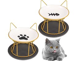 Pack of 2 Cat Bowls, Cat Bowls with Non-Slip Mat, Raised Feeding Bowl with Metal Stand, Ceramic Cat Harness, Neck Protection, Pet Food Feeding Station (Gold)
