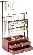 5 Tiers Height-Adjustable Jewellery Stand Jewellery Holder, Earring Holder, Necklace Holder, Wooden Jewellery Box with 2 Drawers, Jewellery Stand Storage for Necklaces, Bracelets, Rings, Black