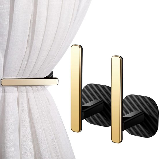 Tie Backs, Gold Curtain Holders, Self-Adhesive Curtain Holders, L Shaped Curtain Hooks in Nordic Style, Window Treatment Holder for Home, Office, Curtains Decoration (Black, Pack of 2)