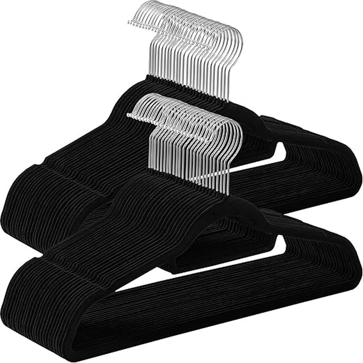 CRF50B Kleerhangers, fluweel, antislip, dikte 0,6 cm, twee inkepingen, ruimtebesparend, 360 graden draaibare haak, zwart, 50 stuks