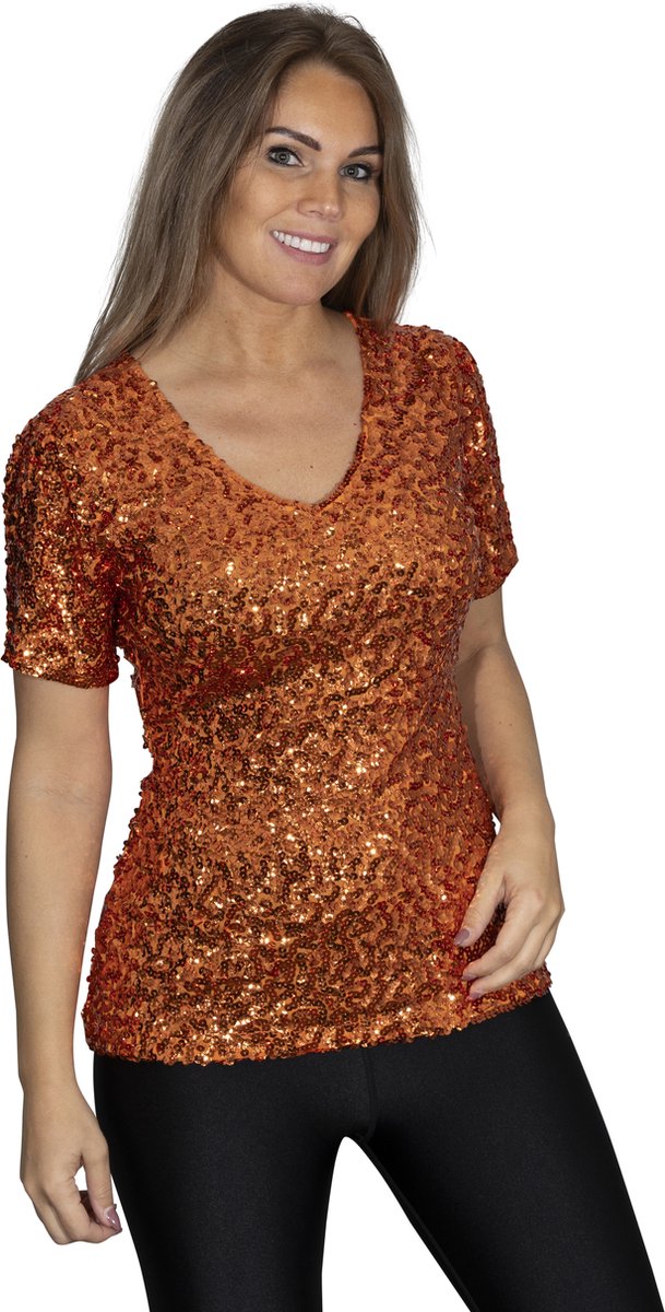 Pailletten topje - shirt - Oranje - Maat XXL - Maat 46/48 - Disco - Koningsdag - EK WK voetbal - Olympische spelen - Nederlands Elftal - Toppers 2025