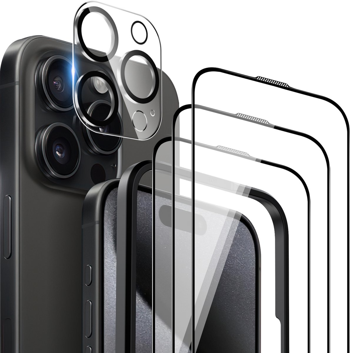 Screenprotector iPhone 15 Pro Max/ iPhone 15 Pro/ iPhone 15 Plus/ iPhone 15, 3 Beschermglas + 1 Camerabeschermglas + 1 Montageframe 9H Hardheid Geharde Film, HD-Schermbeschermer, Ultrahelder, Anti-vingerafdruk.