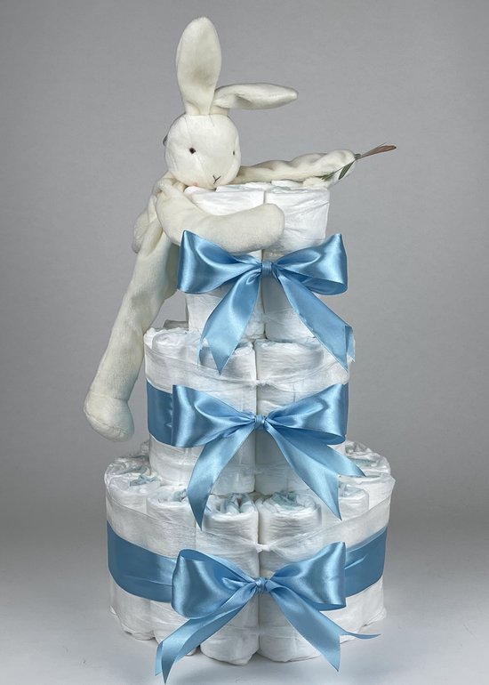 Foto: Chouette chouette luiertaart jongen kraamcadeau geboorte jongen babyshower bunnies by the bay speenknuffel konijn wit hemels blauw