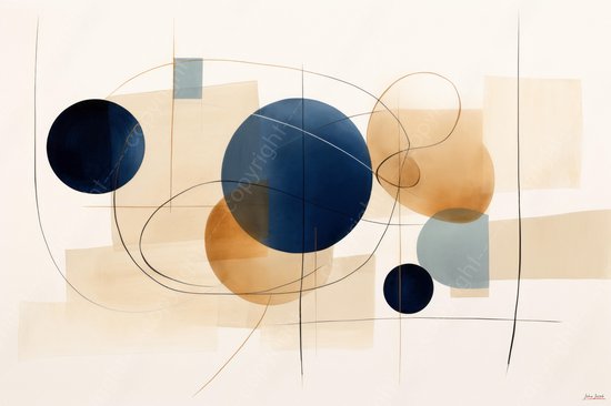 JJ-Art (Canvas) 90x60 | Abstract in modern minimalisme, zachte tinten, kunst, woonkamer | cirkels, figuren, Kandinsky, beige, bruin, blauw, wit | Foto-Schilderij canvas print (wanddecoratie)