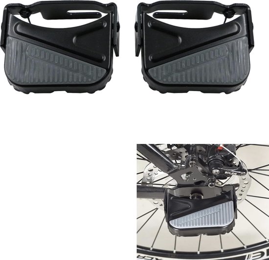 Zwarte fietsvoetsteuntjes met grijs profiel voor extra grip, getoond op een fietswiel.