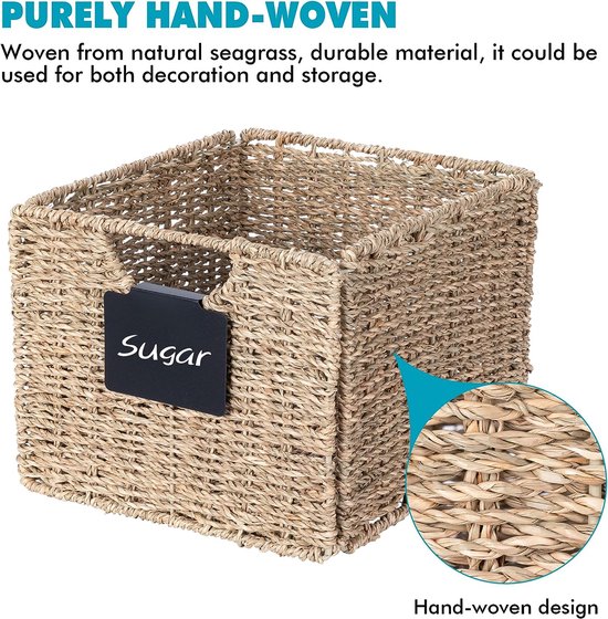 YSGLIFE Rechthoekige opbergmand met deksel, handgemaakte zeegras, rotan, geweven natuurlijke doos voor kleding, boeken en planken, multifunctionele make-up-organizer, set van 3 plankmanden (S/M/L