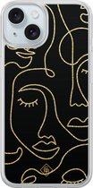 Casimoda® hoesje - Geschikt voor iPhone 15 - Abstract Faces - 2-in-1 case - Schokbestendig - Geometrisch patroon - Verhoogde randen - Zwart, Transparant