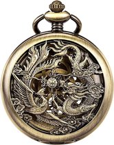 Zakhorloge Lucky Dragon & Phoenix vintage mechanische steampunk skelet Romeinse cijfers zwart fob horloge met ketting voor mannen vrouwen