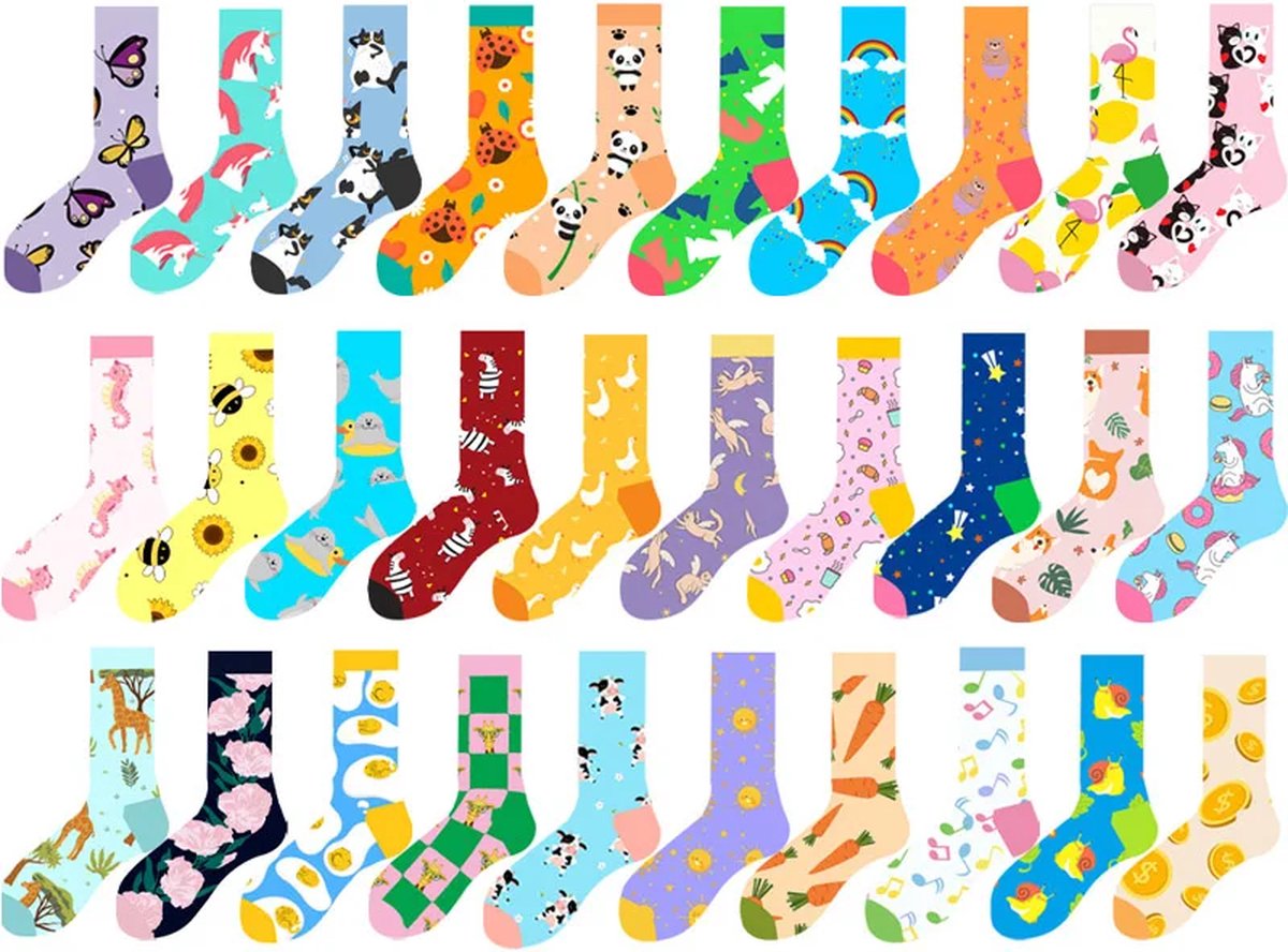 Dames sokken 3 paar - mix / random - grijs / blauw/ wit / geel / roze - met leuke print 36-40