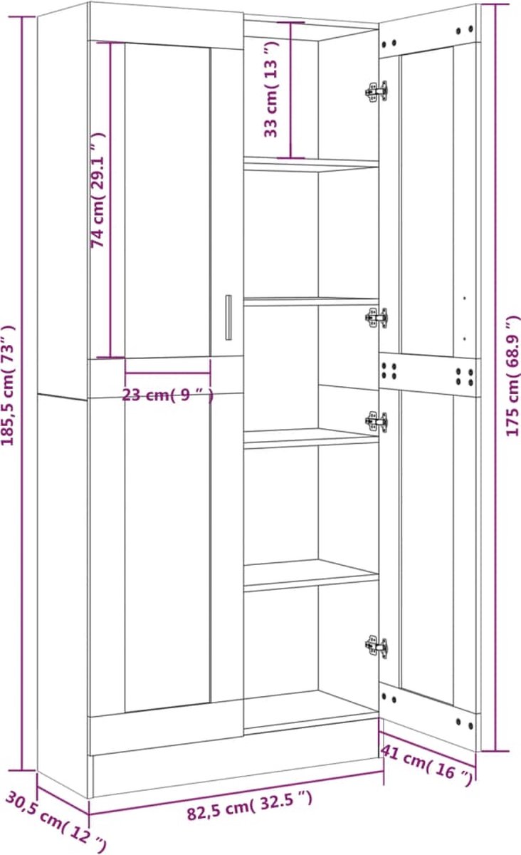Hoge kast 34,5x32,5x180 cm bewerkt hout grijs sonoma eiken kopen