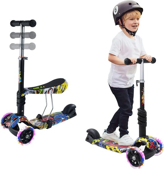 Verstelbare Children's Scooter: 3-in-1 Scooter met Verwijderbare Zitting, LED Wielen, Opvouwbaar en Draagbaar - Globber Scooter voor Kinderen, Jongens en Meisjes 1-6 Jaar