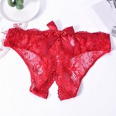 Sexy Slip met Kant - Open Kruis - Rood Kant - Erotisch Design met Bloemen en Strik - One Size String - Dames Onderbroek - Lingerie / Ondergoed