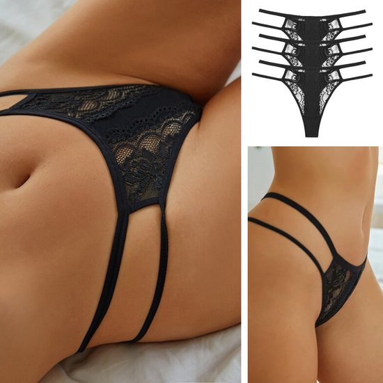 Sexy Dames String met Kant - 3 Pack - Zwart - Vrouwen Lingerie / Ondergoed Set - Maat S