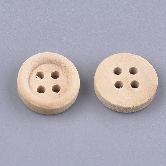Houten knopen, d 15 mm, 4 gaten, 50 stuk/ 1 doos