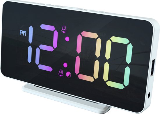 Caliber Slimline - Wekker - Digitale Wekker - Twee alarmen - Groot Dimbaar Meerkleurig LED Display - USB Oplader - Wit (HCG024)