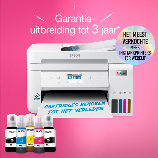 Witte Epson EcoTank printer met inktflessen. De printer toont "Cartridges behoren tot het verleden".