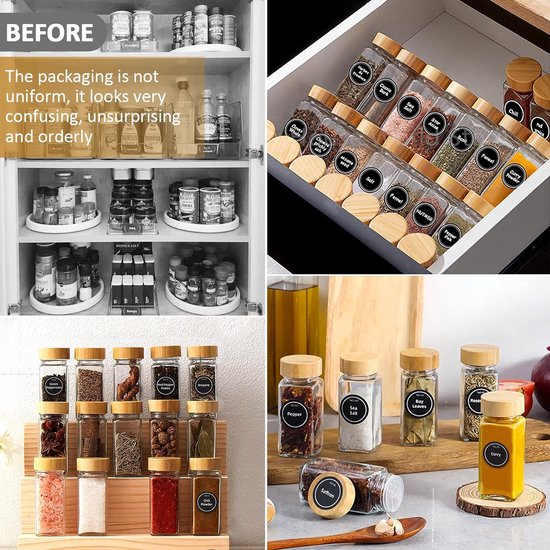 FRIBERG 12 kruidenpotjes, kruidenpot van glas en hout, 100 ml, kruidenbox voor het bewaren van specerijen, keuken, met etiketten, pennen, reinigingsborstel, trechter en zeef