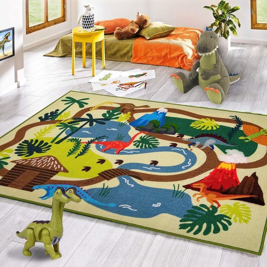 Tapis pour enfants, tapis de jeu, dinosaure, 150 x 200 cm, couverture d'éveil, chambre d'enfant, tapis de jeu dinosaure, lavable, motif dinosaure, poils courts, couleurs résistantes