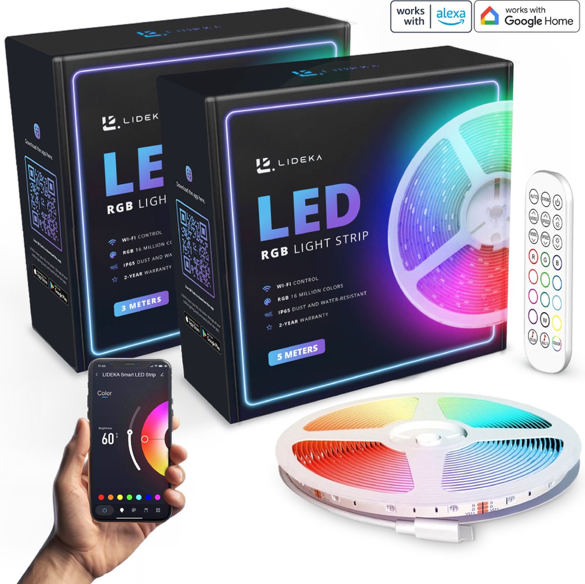 Lideka® - Slimme LED Strip - 3 + 5 Meter Pakket - RGB Verlichting - Zelfklevend - Kleurverandering - IP65 - Light Strips - Licht Strip - Led Verlichting