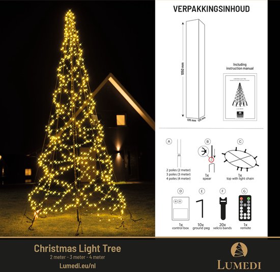 Lumedi - Kerstboom - vlaggenmast verlichting - 3 meter incl. mast - 480 Warm Wit Led Lampjes - Afstandsbediening - Voor buiten - Lumedi