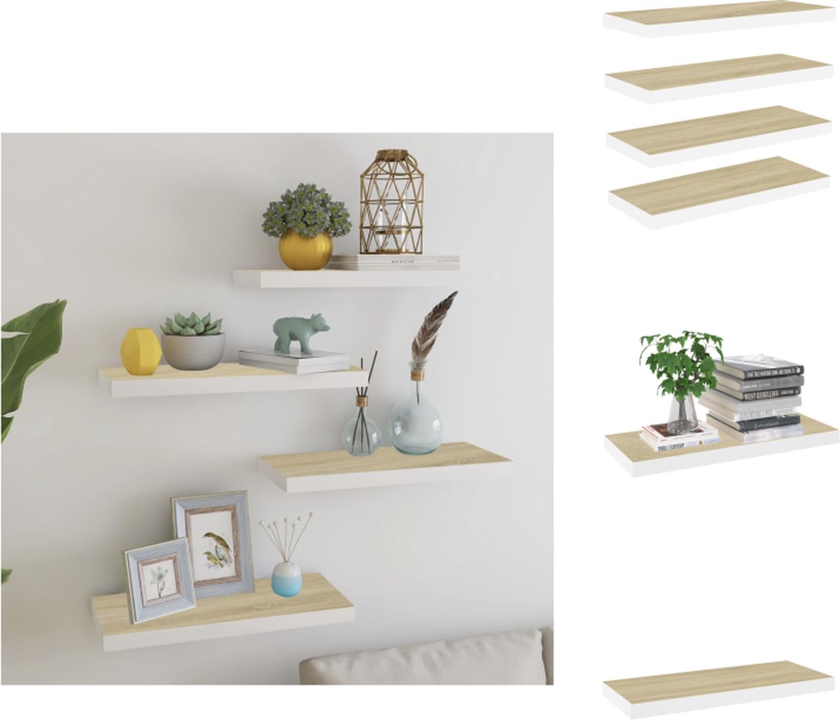 VidaXL Wandschap MDF 60x23.5x3.8cm Eiken Wit Onzichtbaar montagesysteem Wandsteun