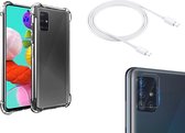 OneOne Camera protector van glas, hoesje en oplaadkabel. 1,0 meter USB C naar USB C kabel wit, case en camera bescherming zijn volledig transparant. Geschikt voor Galaxy A71.