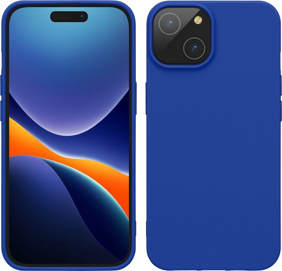Un étui de téléphone bleu pour iPhone 15 : vue de face avec l'écran et vue arrière avec la position de la caméra.
