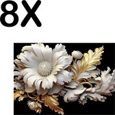 BWK Textiele Placemat - Wit - Goud - Bloem - Artistiek - Set van 8 Placemats - 40x30 cm - Polyester Stof - Afneembaar