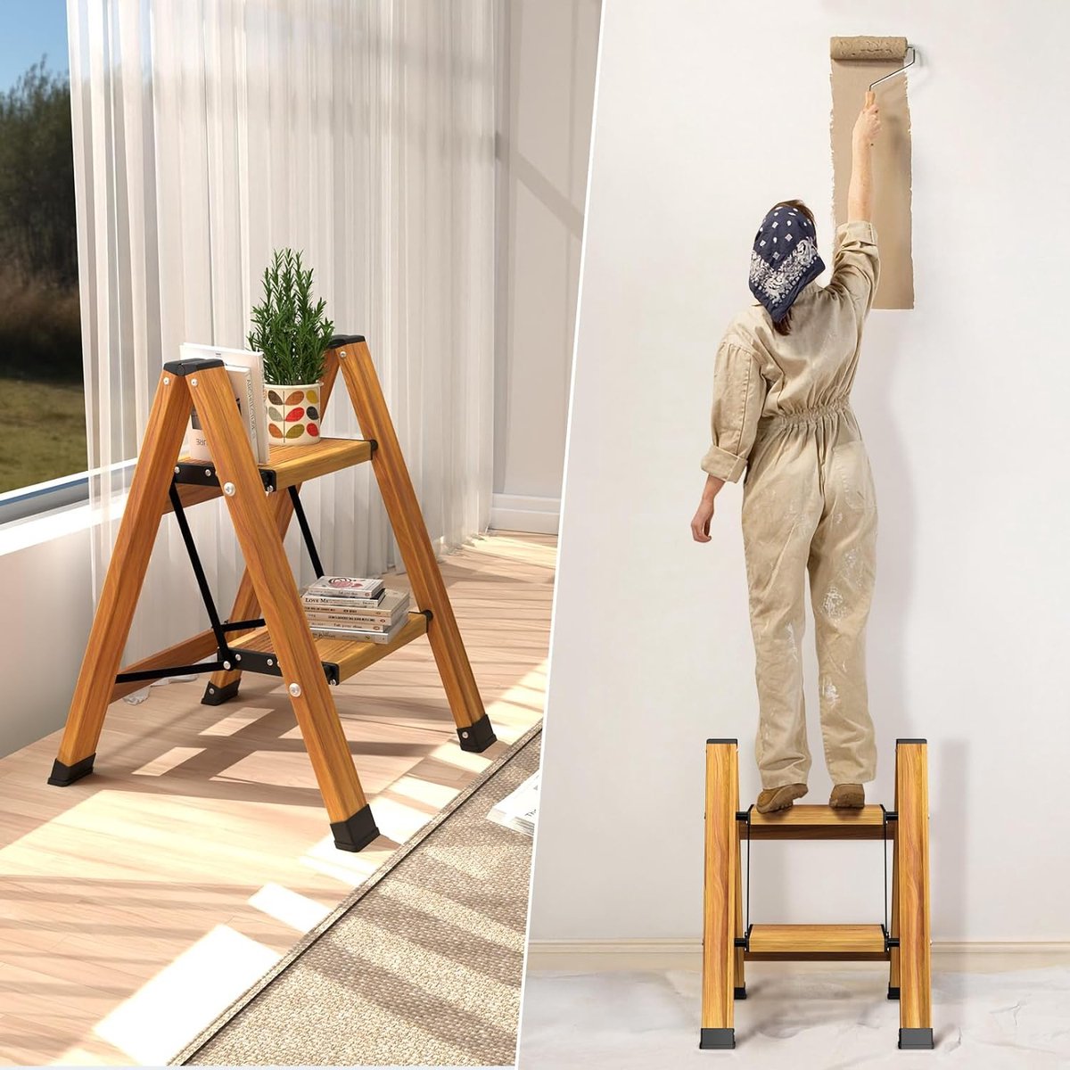 GIANTEX Trapladder, 2 treden inklapbaar, 150 kg draagvermogen, huishoudladder met veiligheidsbeugel, antislip, metaal, wit