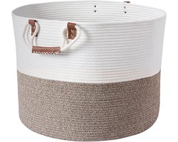 Grote wasmand, opbergmand, gevlochten van katoenen touw, wasverzamelaar, met handvat, wit met bruin, 56 x 40,6 cm (b x h), voor dekens, kussens, speelgoed, woonkamer, kinderkamer, badkamer, XL