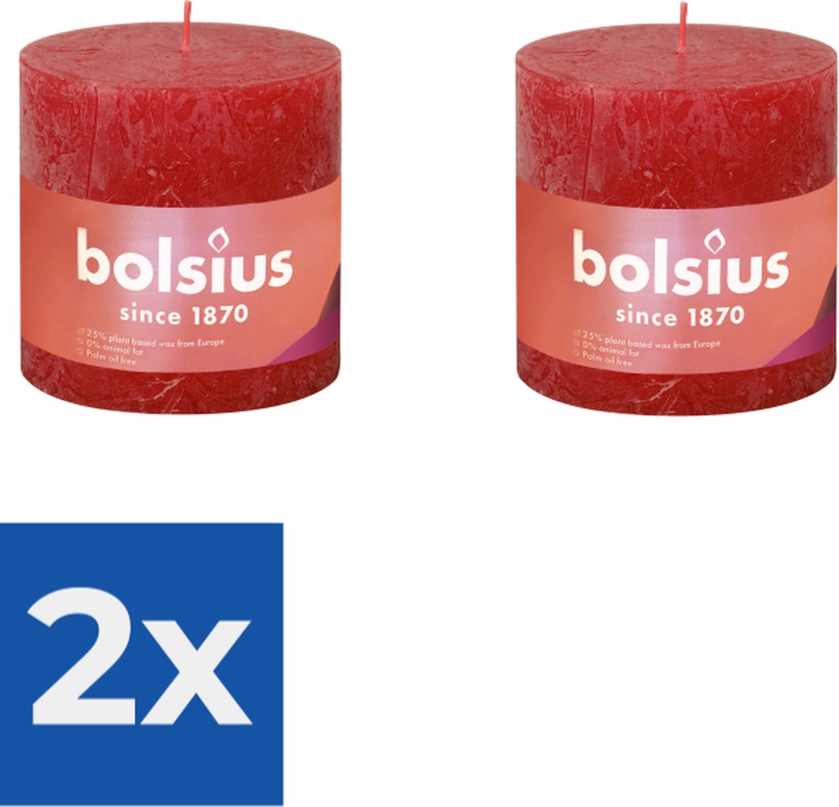 Bolsius Stompkaars Delicate Red Ø100 mm Hoogte 10 cm Rood 62 branduren Voordeelverpakking 2 stuks