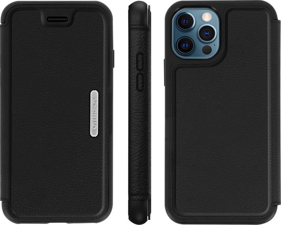 Zwarte OtterBox Strada telefoonhoes, met klepje met OtterBox logo en zijkant van de hoes.